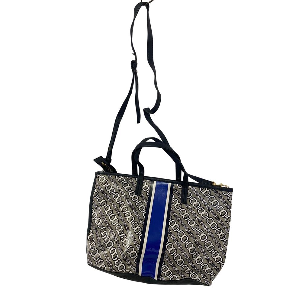 TORY BURCH Monogram Blue & Gray PVC Large Tote Bag Dual Straps